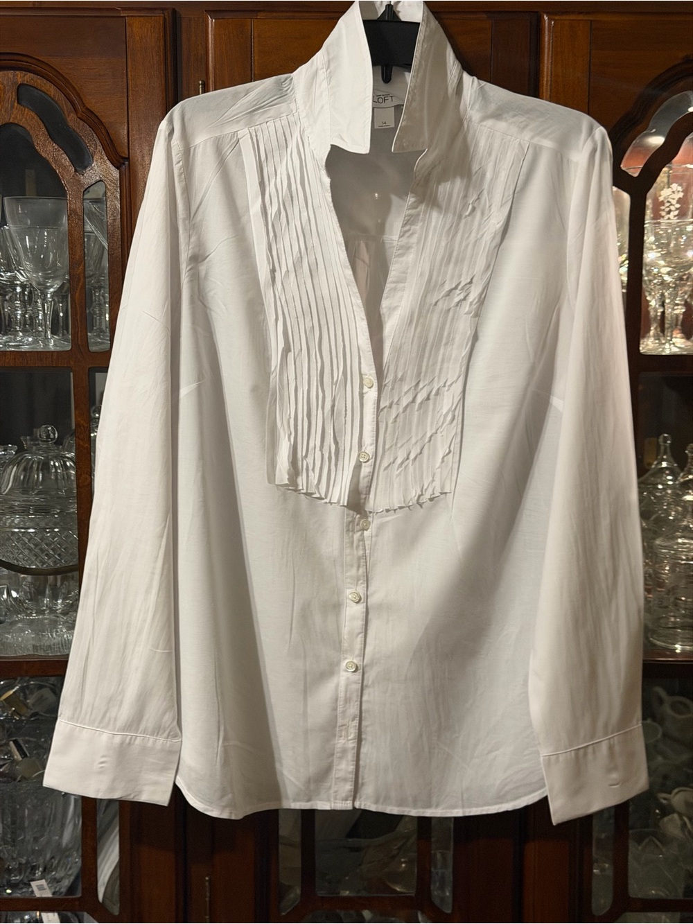 LOFT White Pleated Front Tuxedo Style Button-Down Blouse